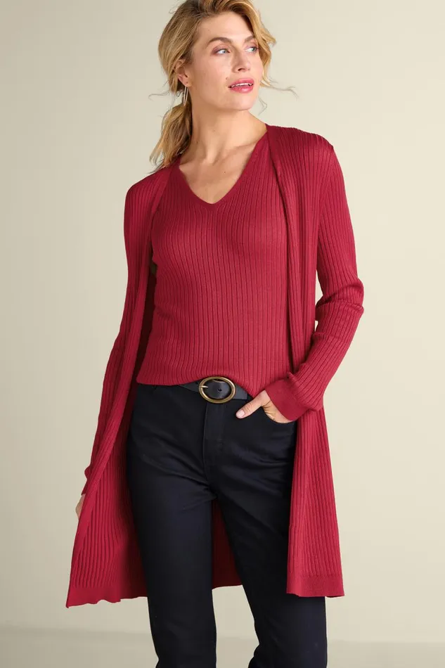 Women Soft Essential Ribbed Long Cardi Jester Red Soft Surroundings Tops Women Soft Essential Ribbed Long Cardi Jester Red Soft Surroundings Tops
