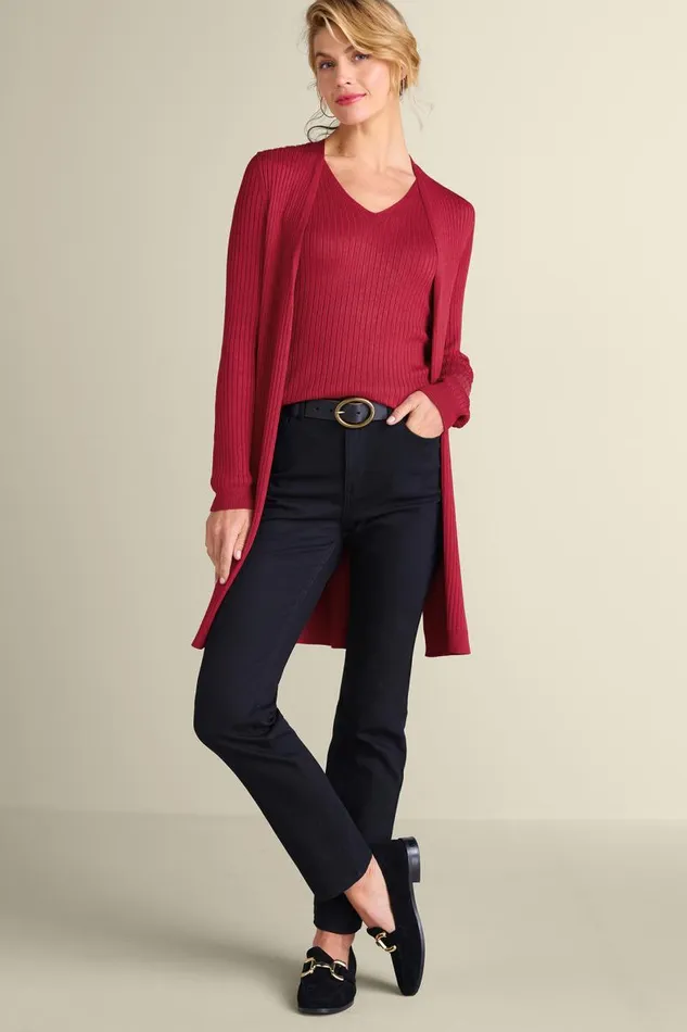 Women Soft Essential Ribbed Long Cardi Jester Red Soft Surroundings Tops Women Soft Essential Ribbed Long Cardi Jester Red Soft Surroundings Tops