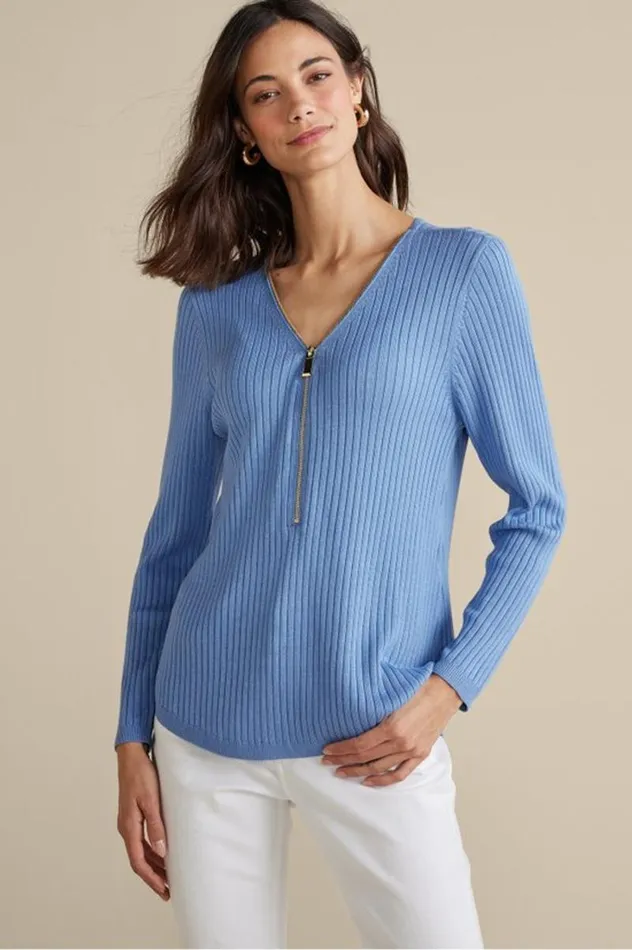 Women Soft Essential Ribbed Valentina Sweater Blue Bonnet Soft Surroundings Tops