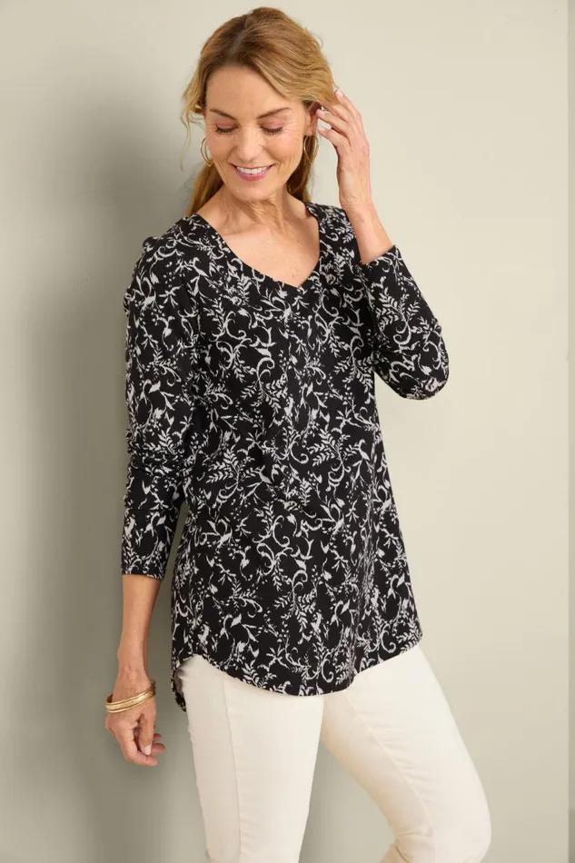 Women Soft Essential Supima Isabel Long Sleeve Tunic Autumnal Patchwork Teal Soft Surroundings Tops