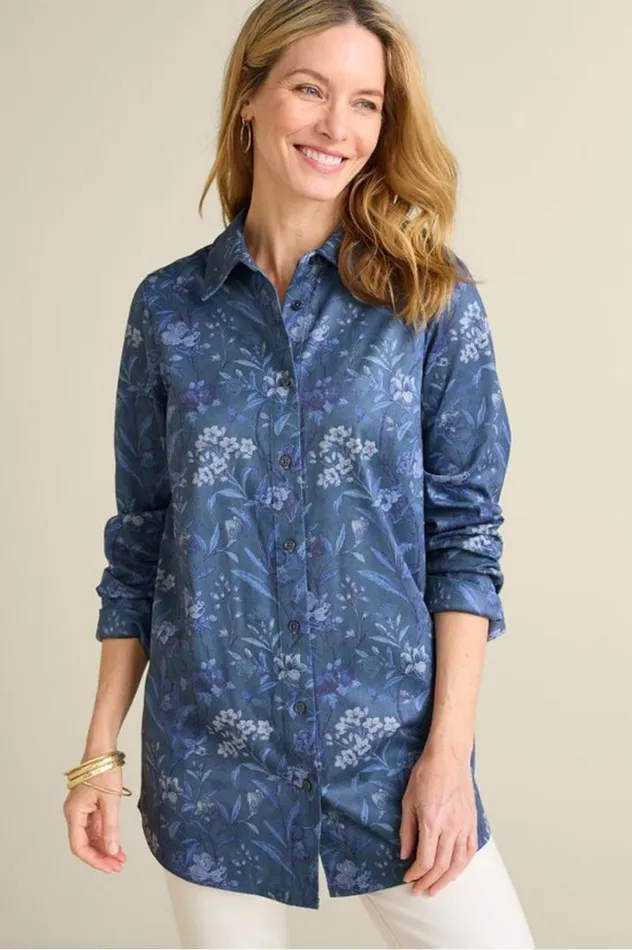 Women Stretch Faux Suede Boyfriend Tunic Shirt Aviary Climbing Garden Soft Surroundings Tops
