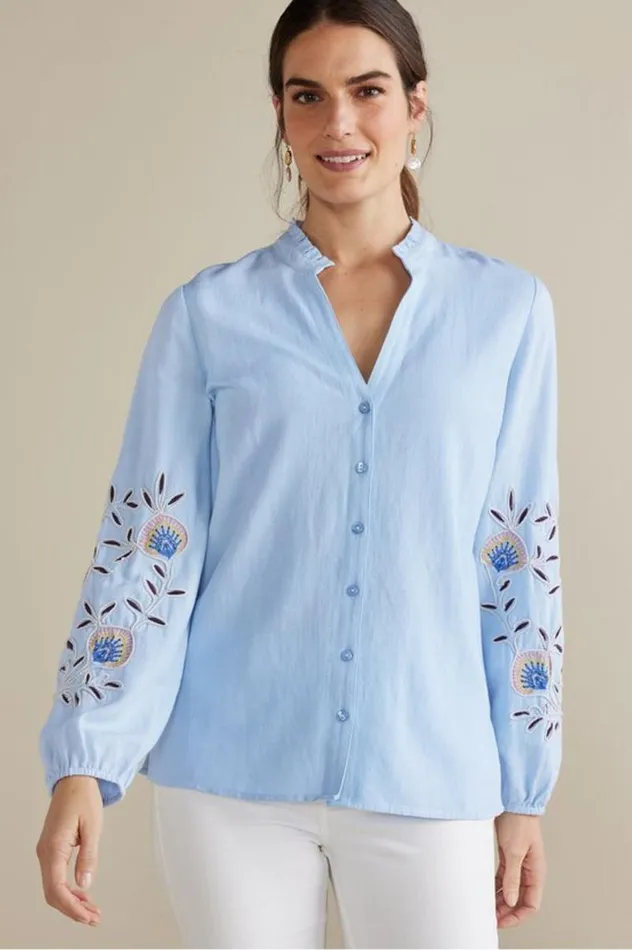 Women Titania Embroidered Top Chambray Blue Soft Surroundings Tops