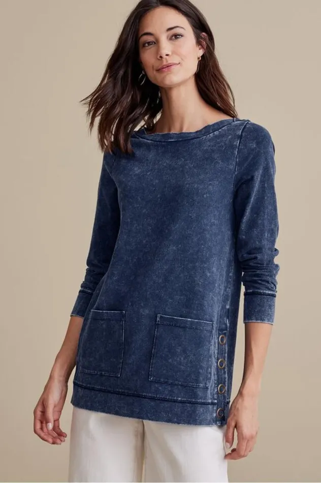 Women Washed Make It Snappy Pullover Denim Blue Soft Surroundings Tops