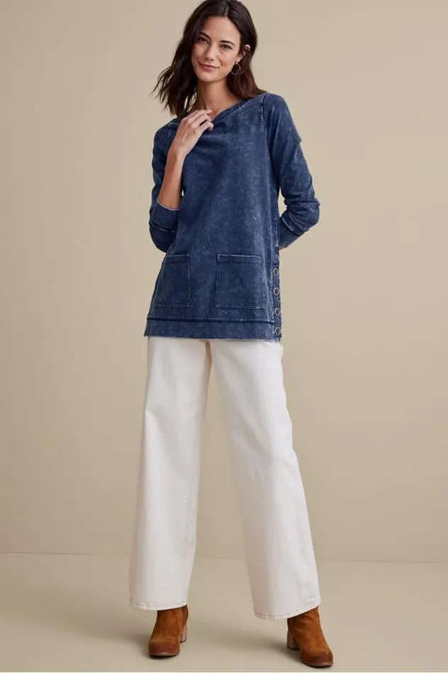 Women Washed Make It Snappy Pullover Denim Blue Soft Surroundings Tops Women Washed Make It Snappy Pullover Denim Blue Soft Surroundings Tops