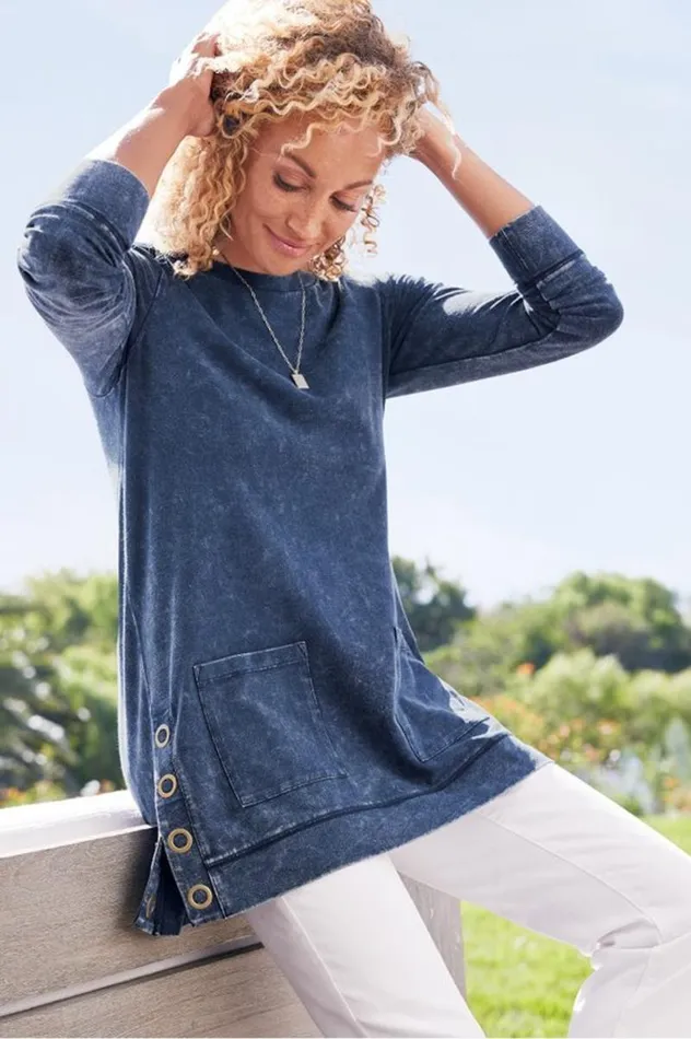 Women Washed Make It Snappy Pullover Denim Blue Soft Surroundings Tops Women Washed Make It Snappy Pullover Denim Blue Soft Surroundings Tops