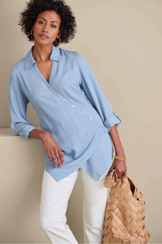 Women Washed Tencel Tunic Light Wash Denim Soft Surroundings Tops Women Washed Tencel Tunic Light Wash Denim Soft Surroundings Tops