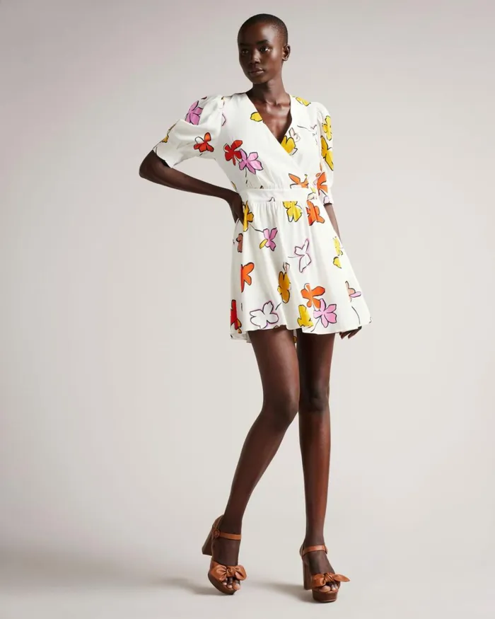 Wrap Front Printed Mini Dress White Women Ted Baker Dresses Wrap Front Printed Mini Dress White Women Ted Baker Dresses