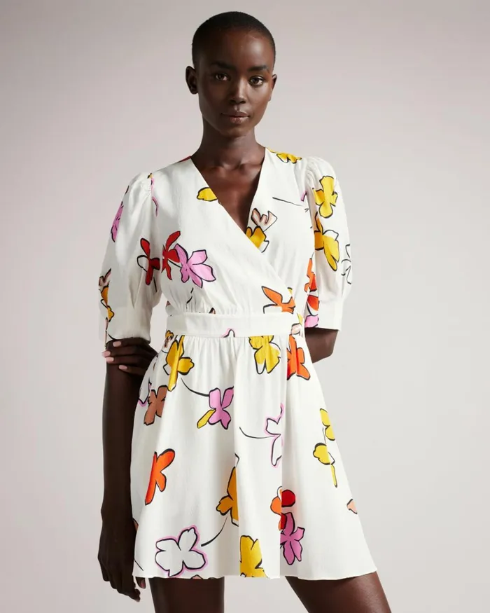 Wrap Front Printed Mini Dress White Women Ted Baker Dresses Wrap Front Printed Mini Dress White Women Ted Baker Dresses