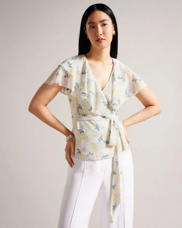 Wrap Top With Ruffle Sleeves Sky Blue Women Ted Baker Clothing