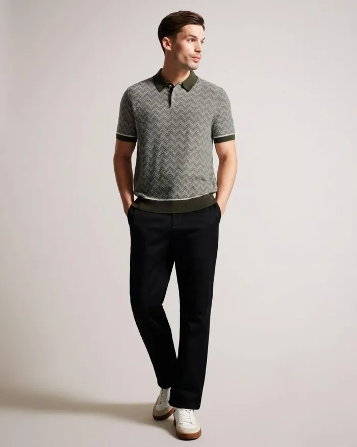 Zig Zag Knit Polo Shirt Dark Green Men Ted Baker Clothing Zig Zag Knit Polo Shirt Dark Green Men Ted Baker Clothing
