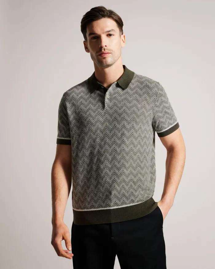 Zig Zag Knit Polo Shirt Dark Green Men Ted Baker Clothing Zig Zag Knit Polo Shirt Dark Green Men Ted Baker Clothing